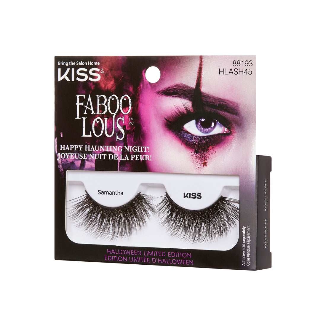 KISS Faboo Lous Halloween false lashes packaging with Samantha style lashes displayed