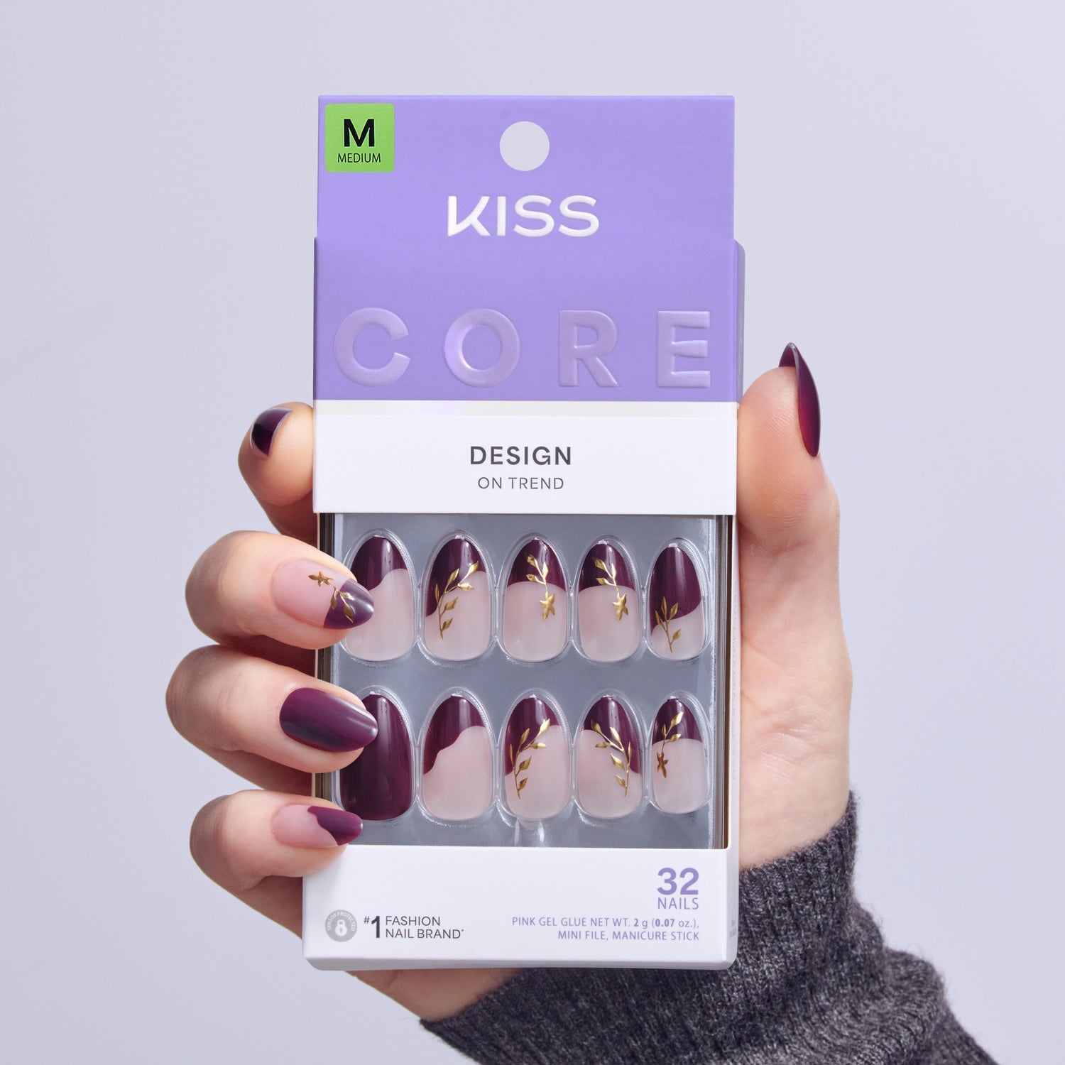 Kiss Core Design Press On Fake Glue Nails - Soft Glow | French Design, Purple, Medium, Almond