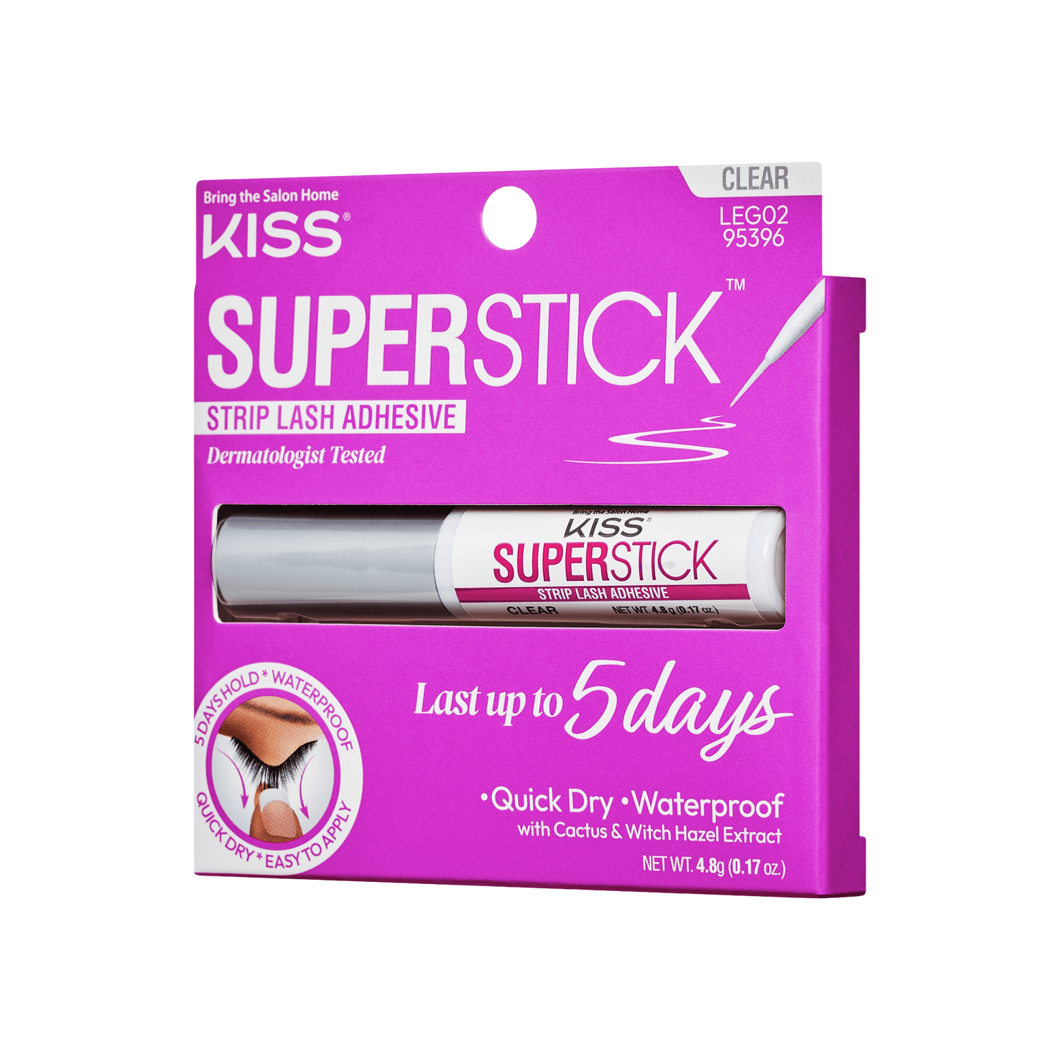 KISS Superstick Strip Lash Adhesive in clear, packaged in a purple box with claims: dermatologist tested, lasts up to 5 days, quick dry, waterproof with cactus and witch hazel.