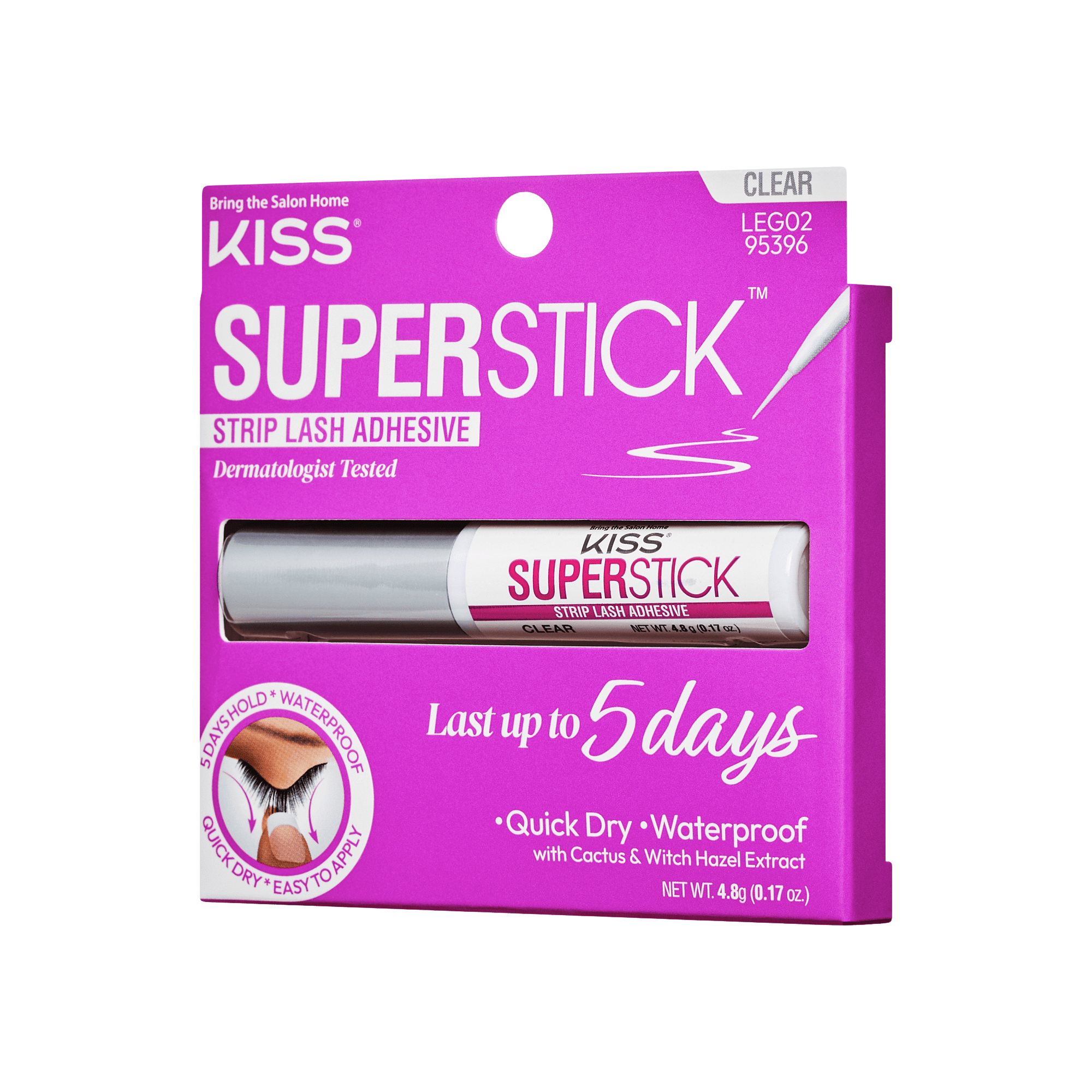 KISS Superstick Strip Lash Adhesive in clear, packaged in a purple box with claims: dermatologist tested, lasts up to 5 days, quick dry, waterproof with cactus and witch hazel.