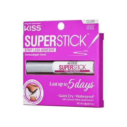 KISS Superstick Strip Lash Adhesive in clear, packaged in a purple box with claims: dermatologist tested, lasts up to 5 days, quick dry, waterproof with cactus and witch hazel.