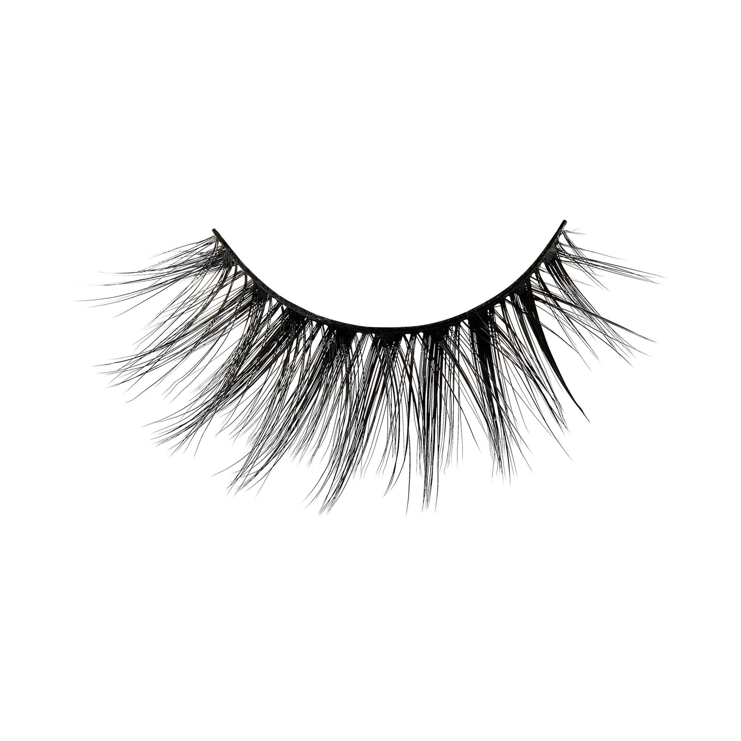 False eyelashes with black band and layered black lashes on white background.