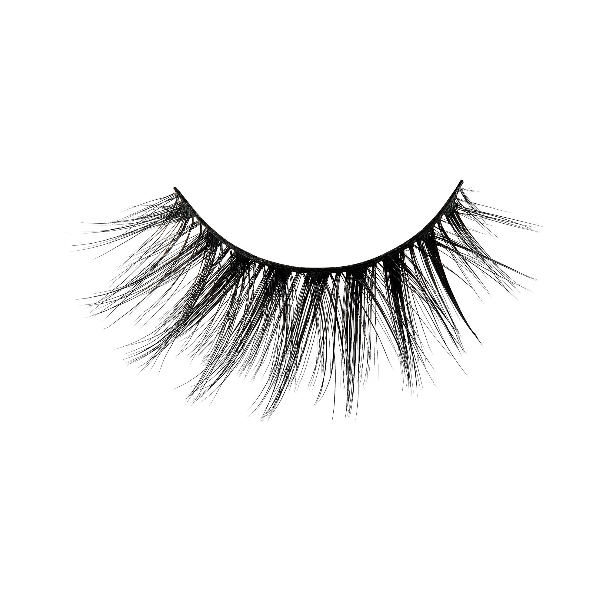 False eyelashes with black band and layered black lashes on white background.