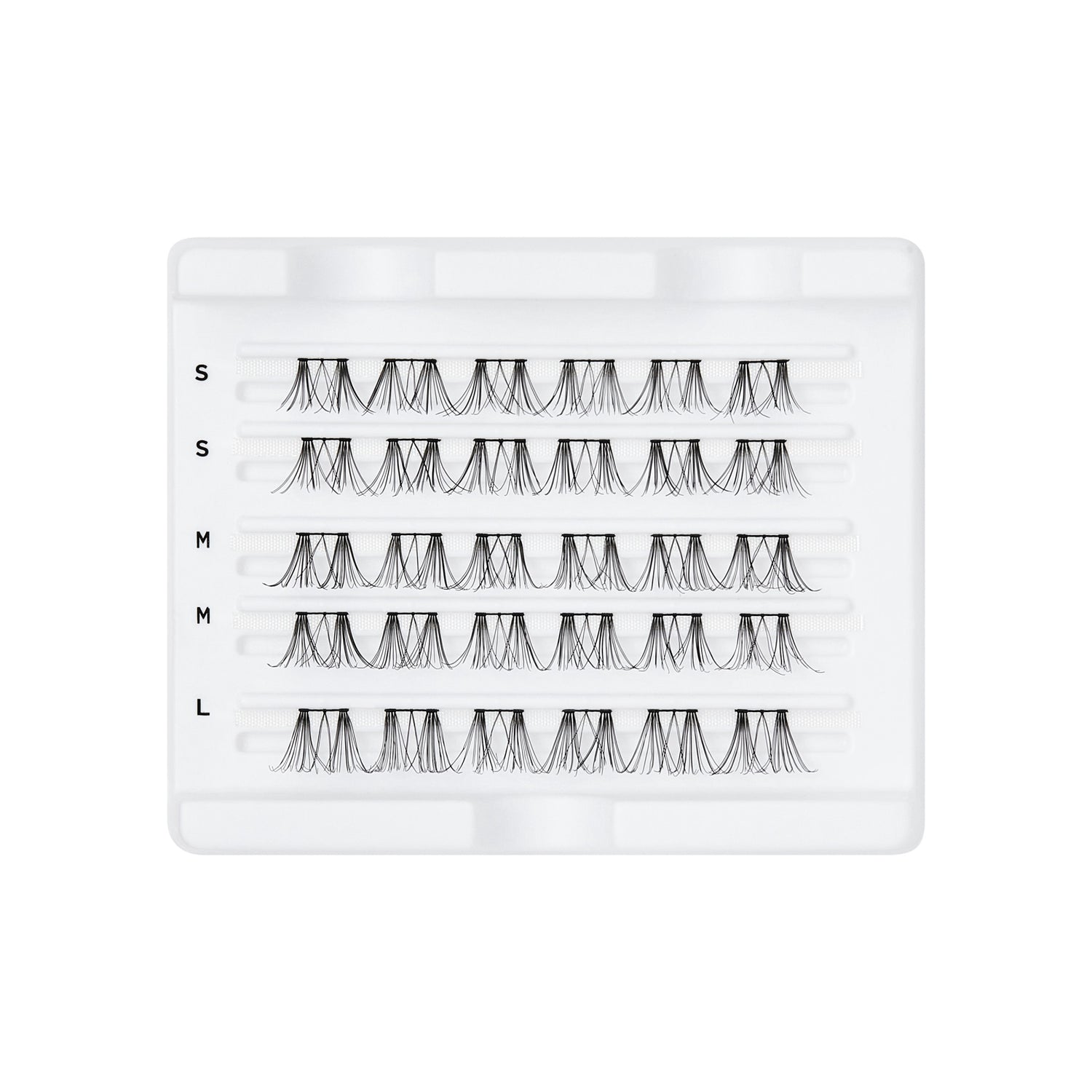 Tray of black FALSCARA Wisps eyelash clusters on white plastic holder, arranged in five rows labeled S, S, M, M, and L by size.
