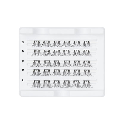 Tray of black FALSCARA Wisps eyelash clusters on white plastic holder, arranged in five rows labeled S, S, M, M, and L by size.