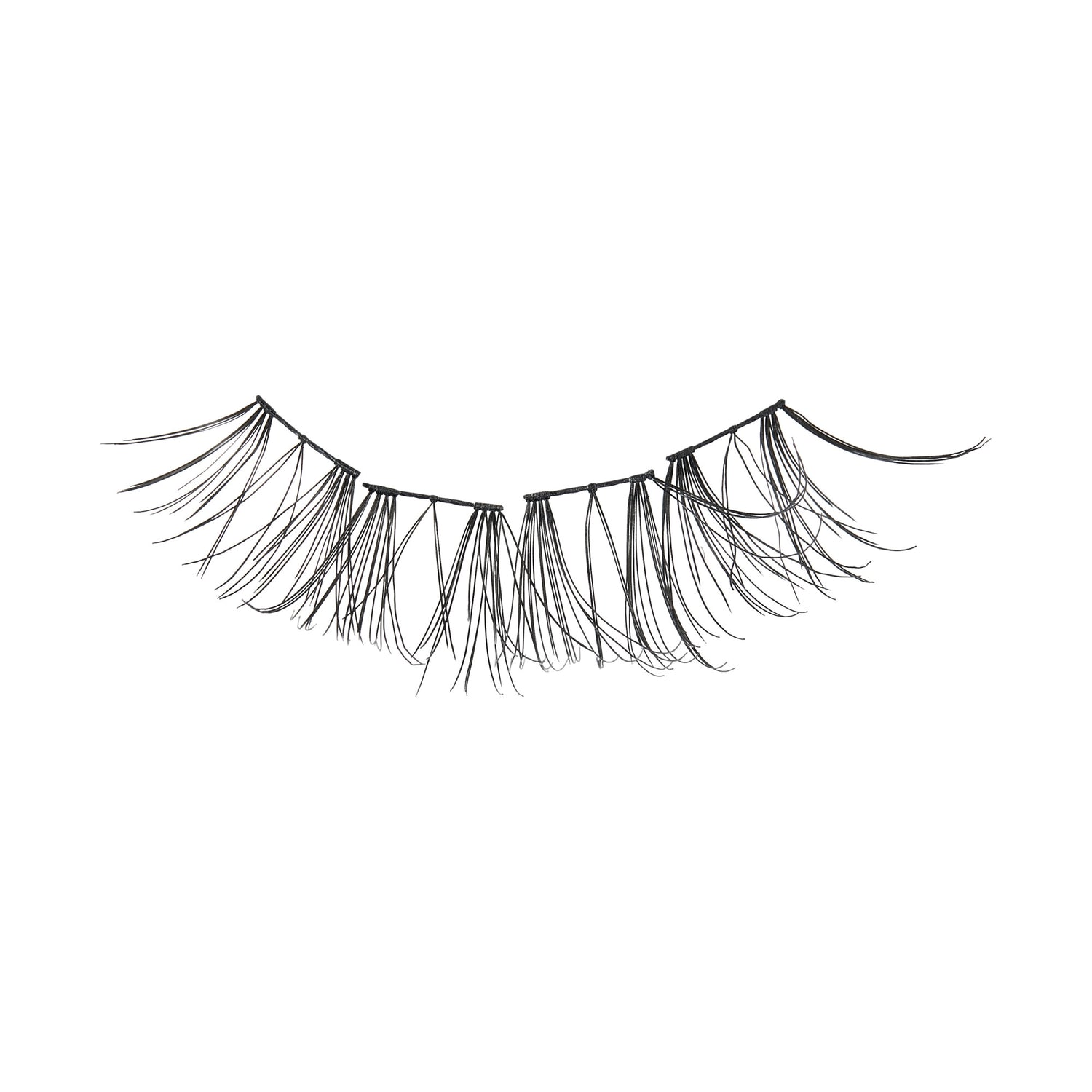 Single black wispy false eyelash with varying lengths, shown against a white background, designed to create a natural look.