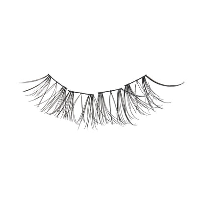 Single black wispy false eyelash with varying lengths, shown against a white background, designed to create a natural look.