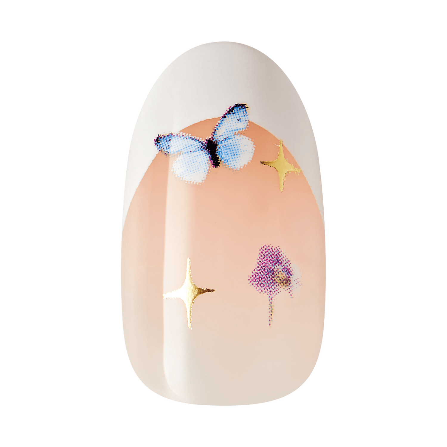The image features a nail design with a soft, nude base color. The tip of the nail is painted white, creating a French manicure effect. Adorning the nail are decorative elements, including a delicate blue butterfly and shimmering gold stars, along with a floral design. The overall look is whimsical and elegant, perfect for a stylish manicure.