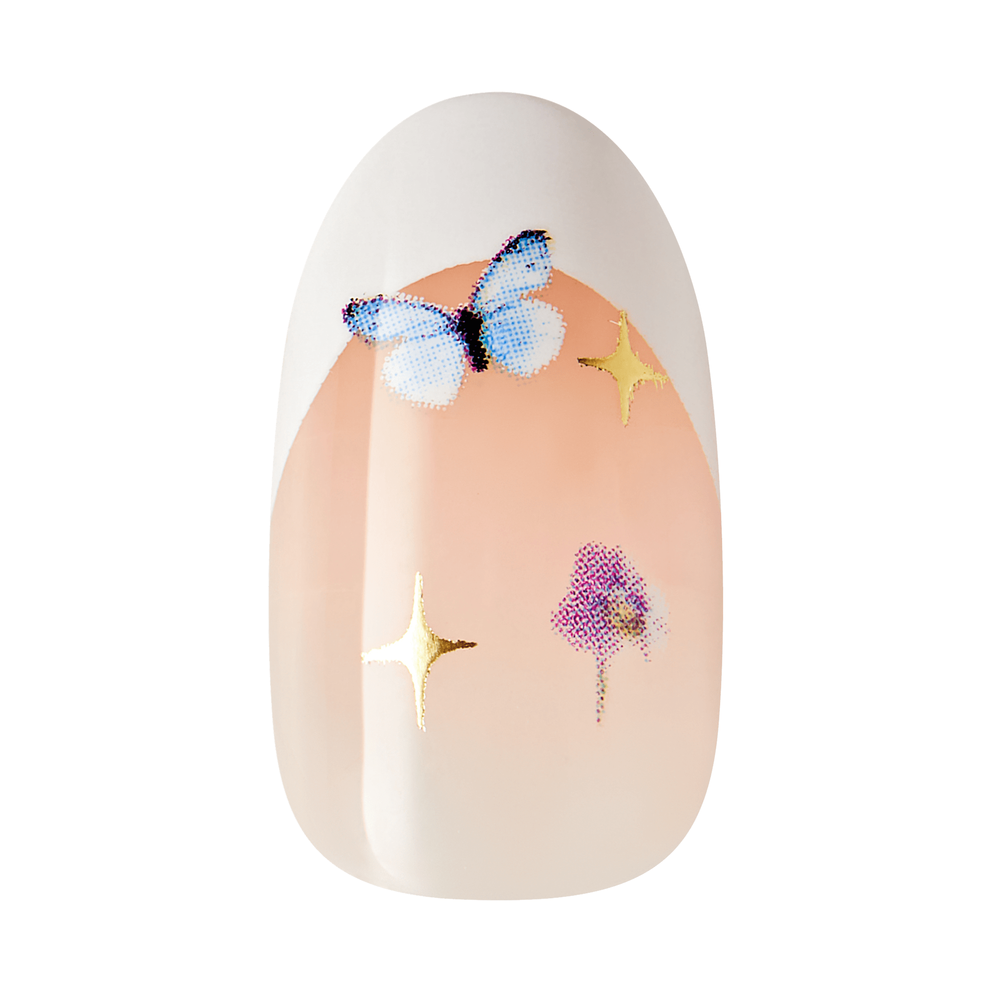 The image features a nail design with a soft, nude base color. The tip of the nail is painted white, creating a French manicure effect. Adorning the nail are decorative elements, including a delicate blue butterfly and shimmering gold stars, along with a floral design. The overall look is whimsical and elegant, perfect for a stylish manicure.
