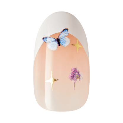 The image features a nail design with a soft, nude base color. The tip of the nail is painted white, creating a French manicure effect. Adorning the nail are decorative elements, including a delicate blue butterfly and shimmering gold stars, along with a floral design. The overall look is whimsical and elegant, perfect for a stylish manicure.