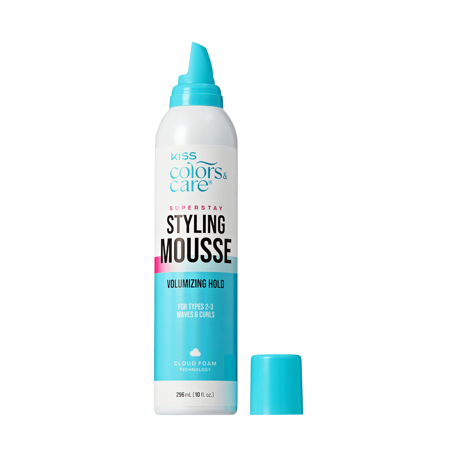Kiss Colors &amp; Care Styling Mousse bottle with blue cap on a green background