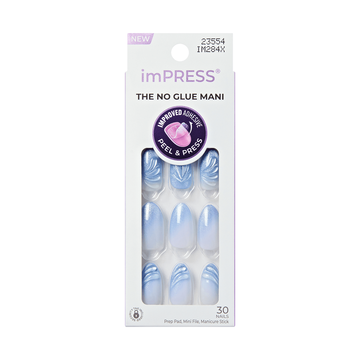 imPRESS no glue mani nail packaging with blue and white nails on a transparent background