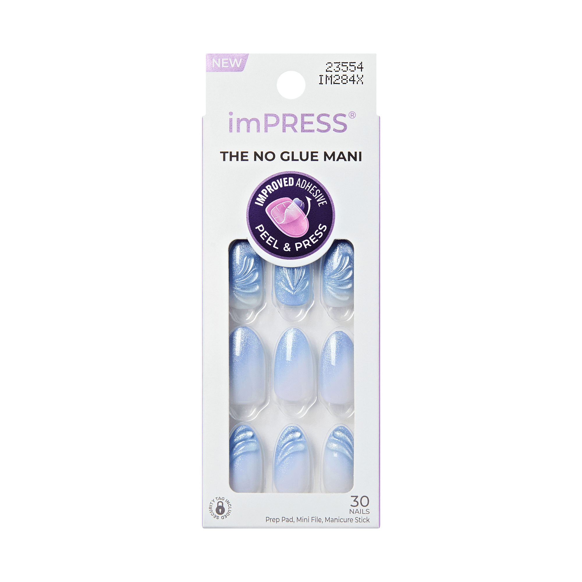 imPRESS no glue mani nail packaging with blue and white nails on a transparent background