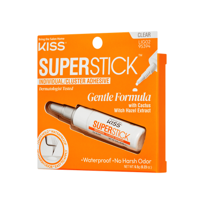 Bright orange packaging with white and orange text for KISS Superstick Individual/Cluster Lash Adhesive in clear. Bottle visible through window, labeled gentle formula with cactus and witch hazel extract.