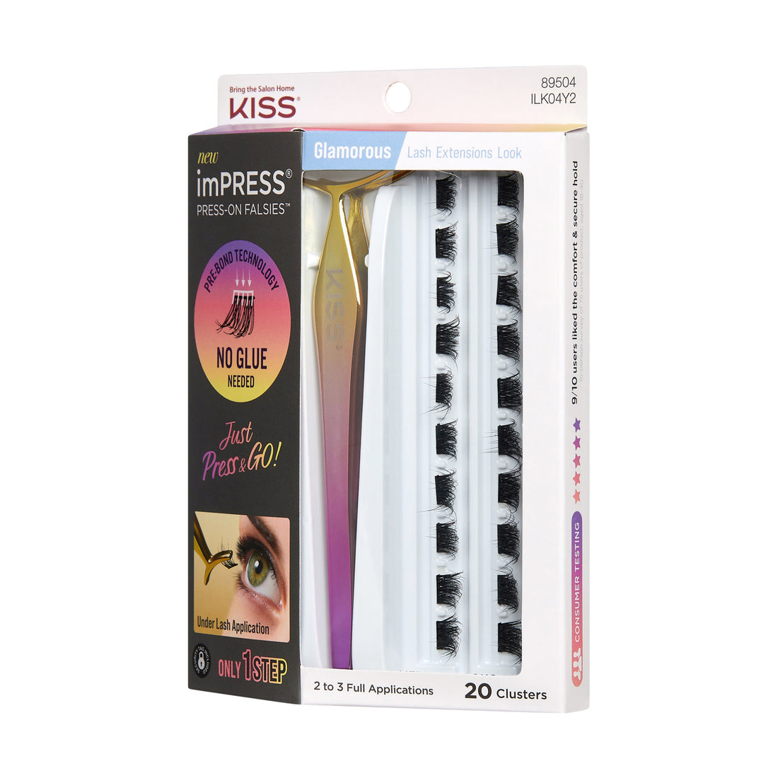 The image shows a product package for "KISS imPRESS Press-On Falsies." The packaging is primarily white with some black and pink accents. The product is described as "Glamorous Lash Extensions Look" and includes 20 clusters of false eyelashes. The package highlights that no glue is needed and promotes an "Under Lash Application" with a "1 Step" process. The package also includes an applicator tool, which is visible through the clear plastic window. The product is labeled with the number 89504 and ILK04Y2.