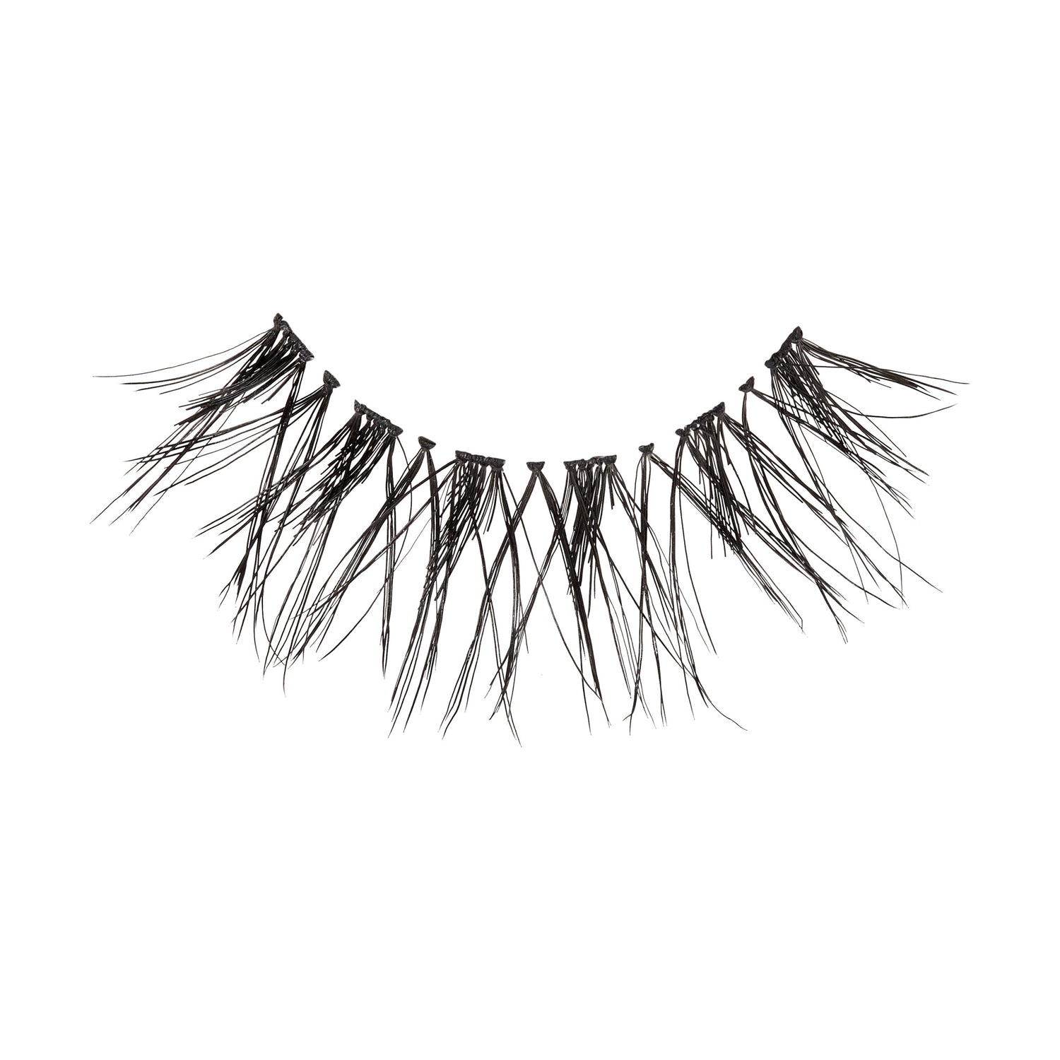 Black, sparse, and wispy false eyelash strand with spaced clusters designed for a natural, lightweight look, shown on a white background.