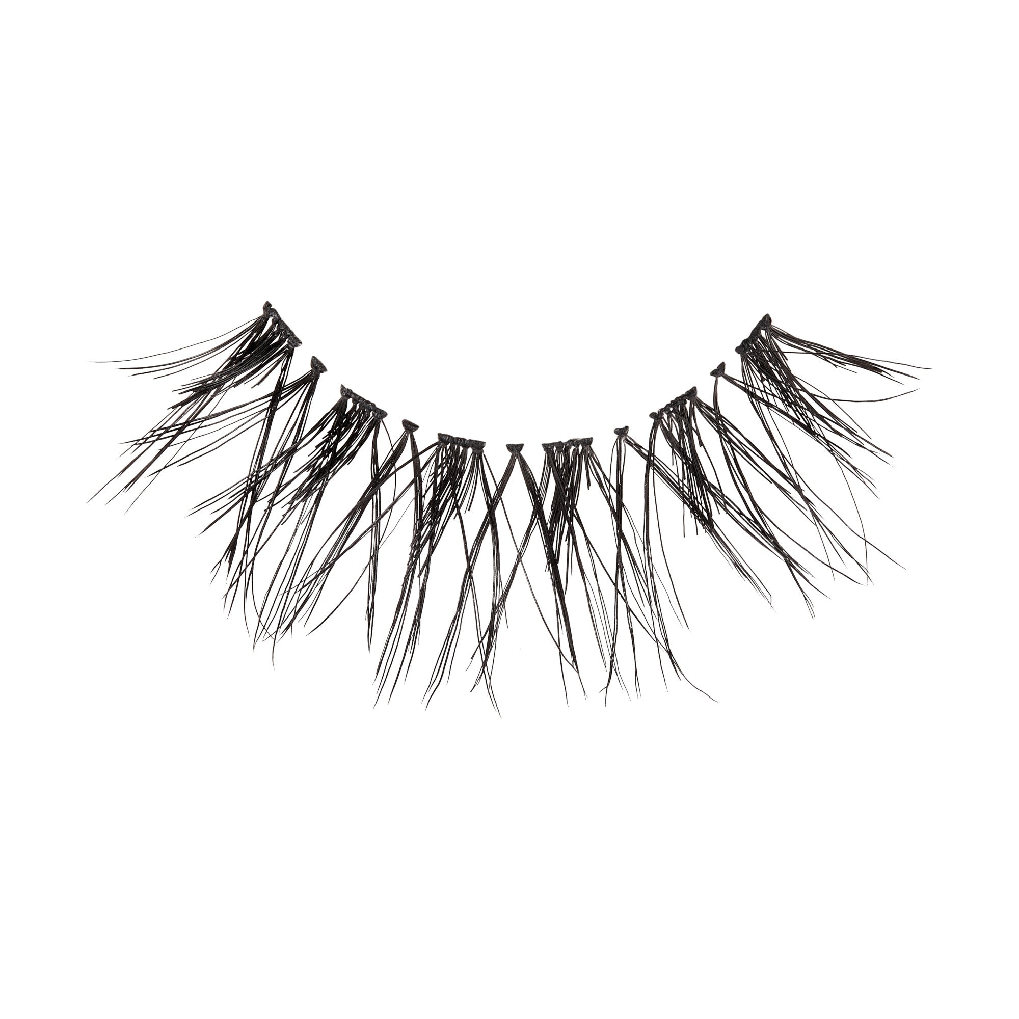 Black, sparse, and wispy false eyelash strand with spaced clusters designed for a natural, lightweight look, shown on a white background.