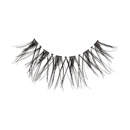 Black, sparse, and wispy false eyelash strand with spaced clusters designed for a natural, lightweight look, shown on a white background.