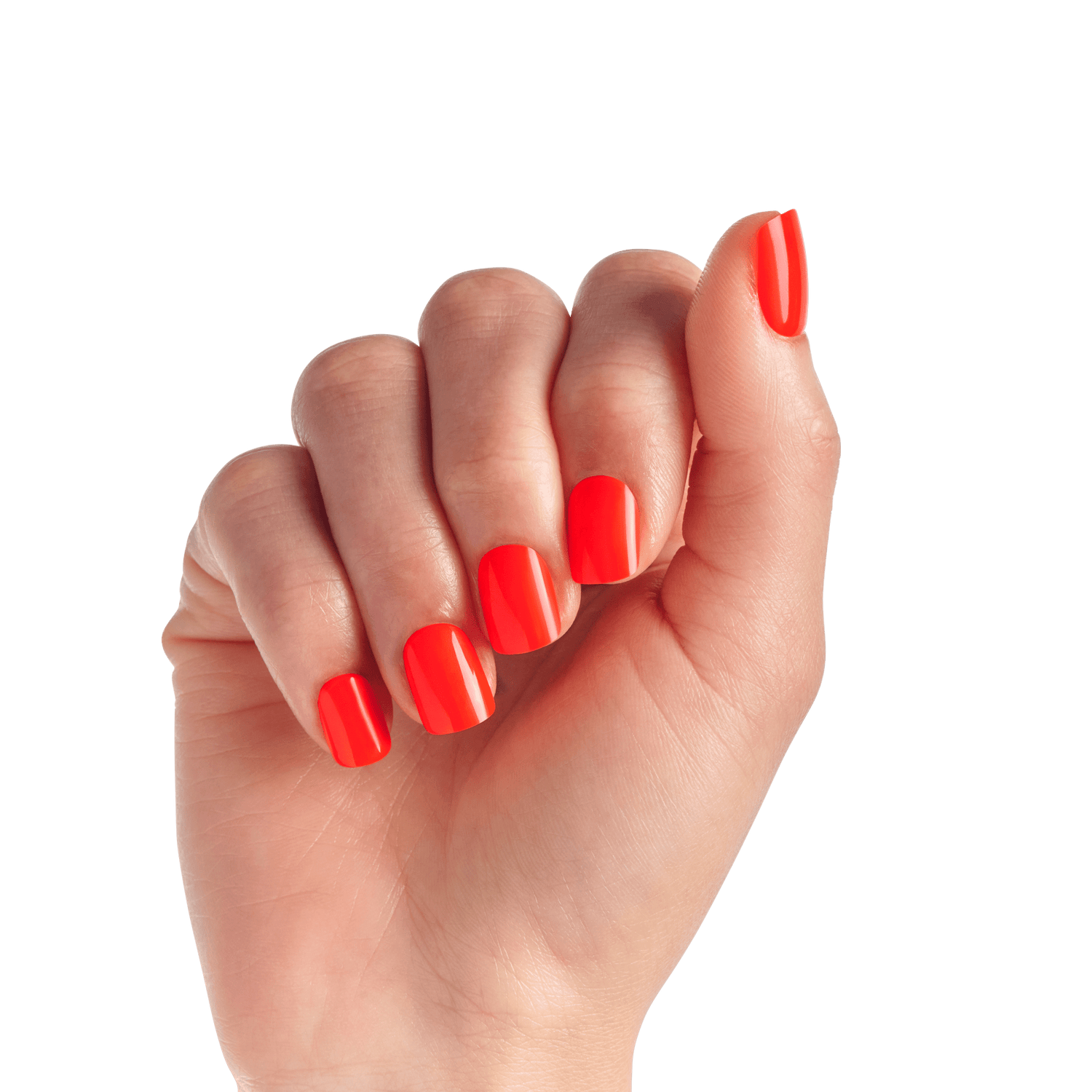 The image features a hand with neatly manicured nails painted in a vibrant shade of red. The fingers are slightly curled, showcasing the glossy finish of the nail polish. The background is plain white, which emphasizes the bold color of the nails. The overall appearance is stylish and eye-catching.