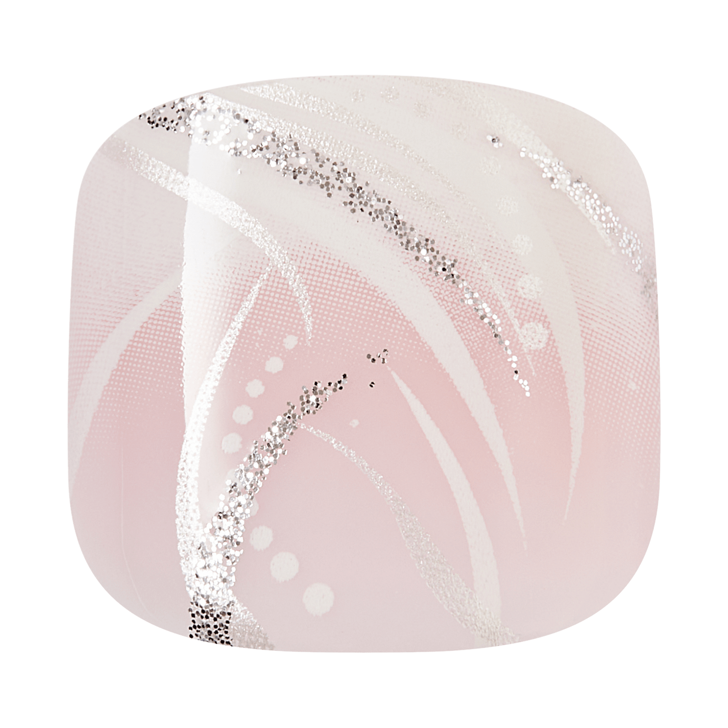 Pink square toenail with white abstract design and glitter specks on a transparent background