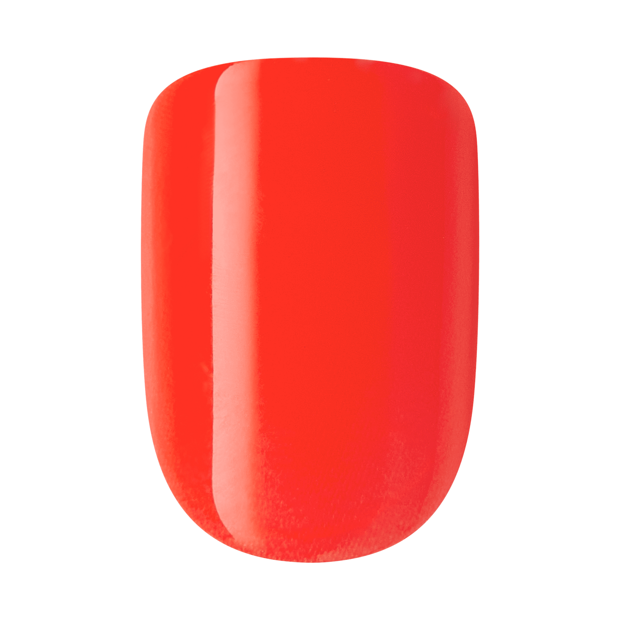 The image features a single nail swatch painted in a vibrant, glossy red color. The surface appears smooth and shiny, reflecting light, which enhances the richness of the hue. The shape of the swatch is oval, typical of a manicured nail. The overall look is bold and eye-catching, perfect for a statement manicure.