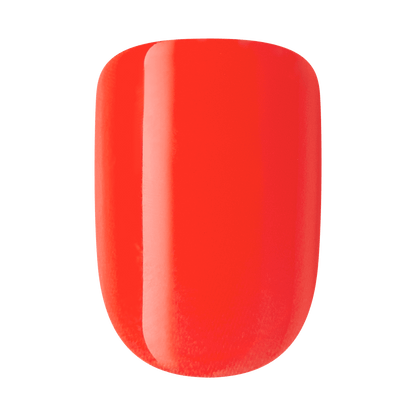 The image features a single nail swatch painted in a vibrant, glossy red color. The surface appears smooth and shiny, reflecting light, which enhances the richness of the hue. The shape of the swatch is oval, typical of a manicured nail. The overall look is bold and eye-catching, perfect for a statement manicure.