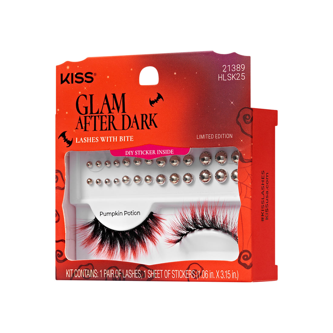 KISS Glam After Dark Halloween false lashes with red and black fibers, accompanied by silver gem stickers, in orange-red packaging labeled Pumpkin Potion.