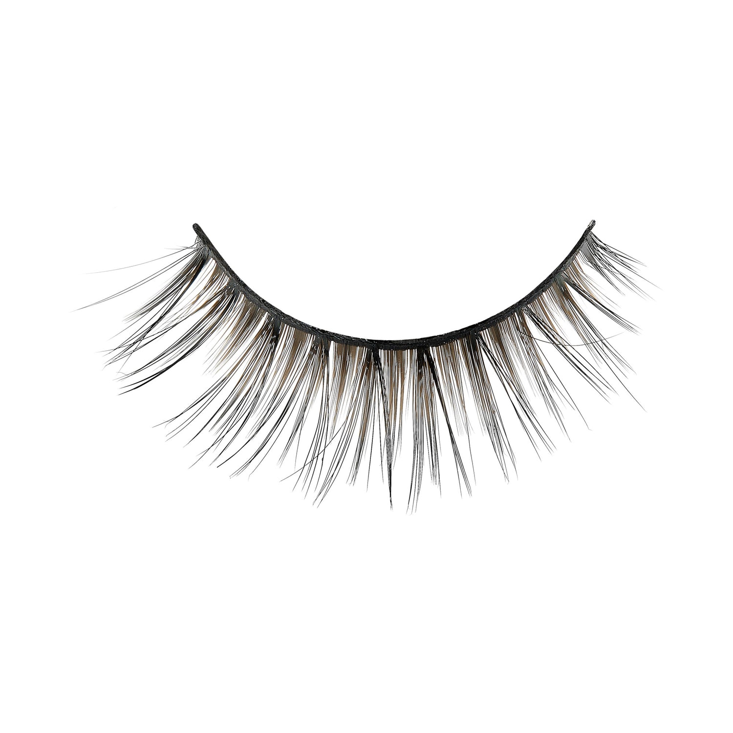 Pair of black false eyelashes with dramatic volume and length on white background.