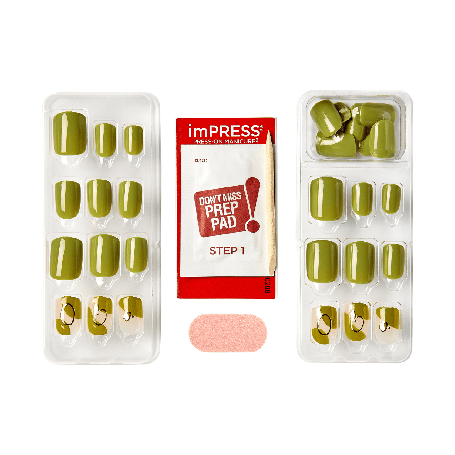 Two clear trays of olive green press-on nails with black abstract line art on some tips, accompanied by a red and white prep pad packet and a pink prep pad.
