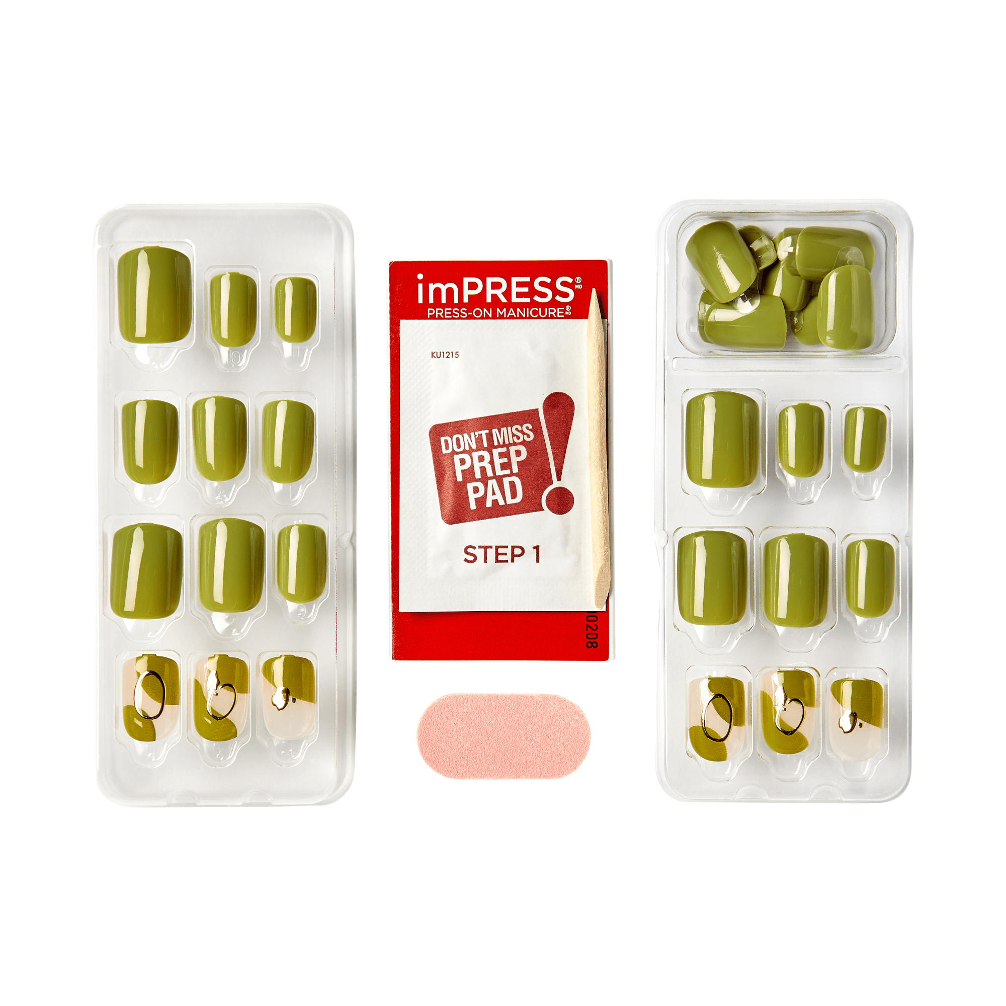 Two clear trays of olive green press-on nails with black abstract line art on some tips, accompanied by a red and white prep pad packet and a pink prep pad.