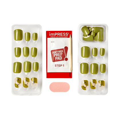 Two clear trays of olive green press-on nails with black abstract line art on some tips, accompanied by a red and white prep pad packet and a pink prep pad.