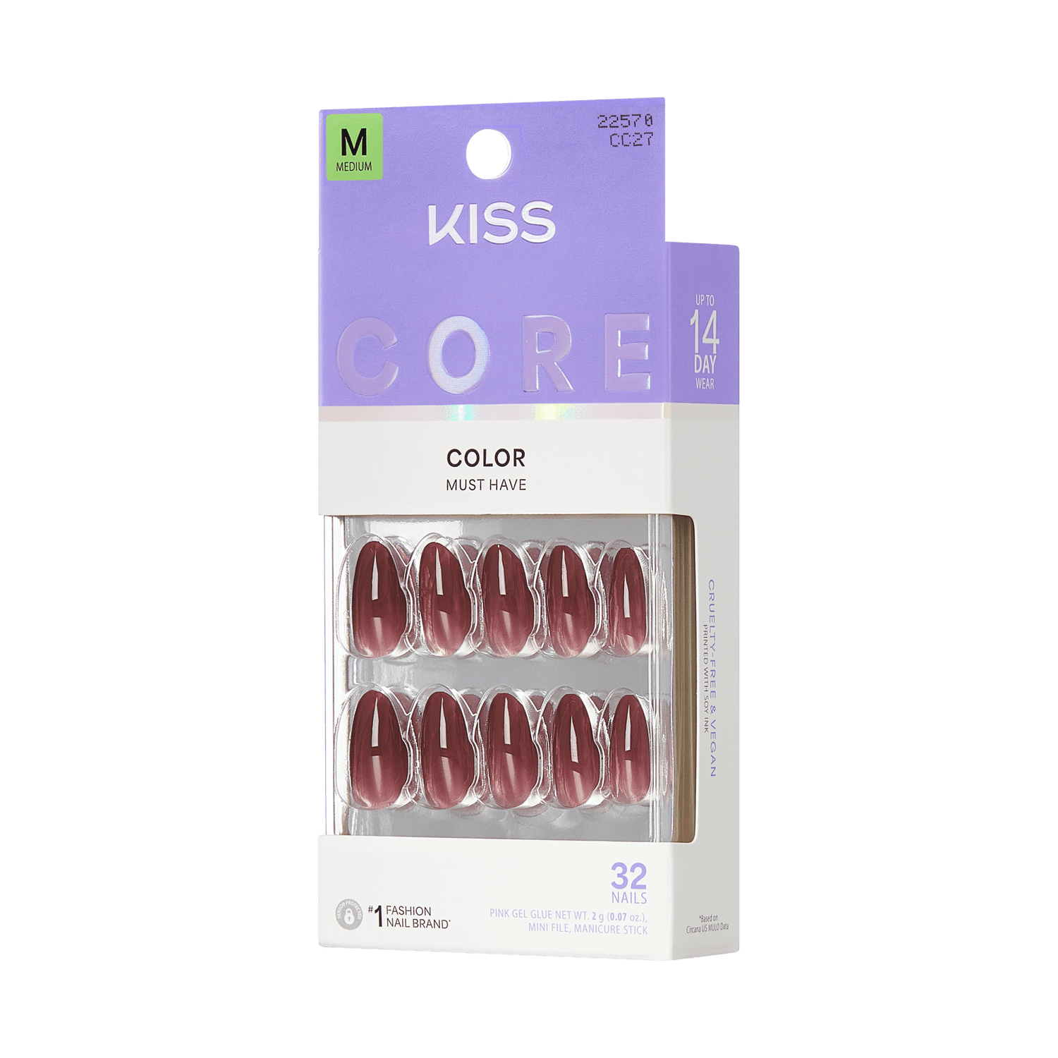 KISS Core Color Must Have Medium Fake Nails, 32-Pack, Burgundy Red