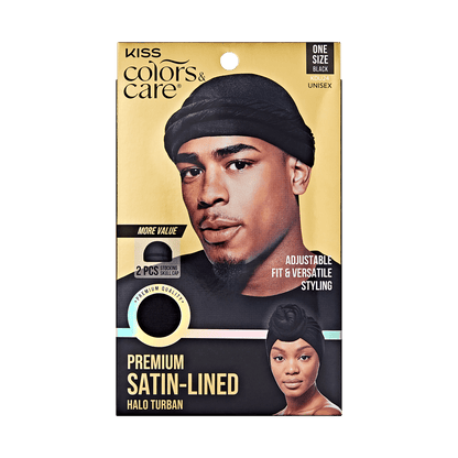 Satin-Lined Halo Turban Set Black w/ 2 Wave CapsPremium - Image 2