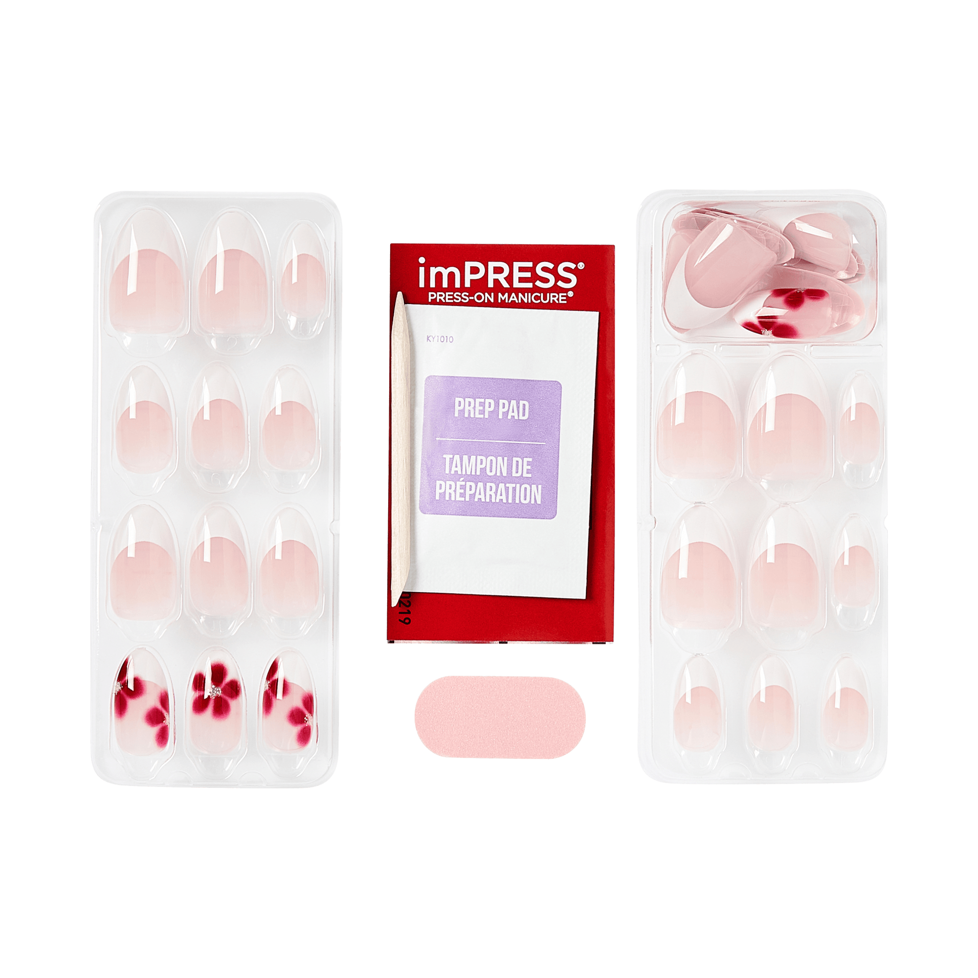 imPRESS press-on manicure packaging with pink nail forms and a prep pad on a transparent background