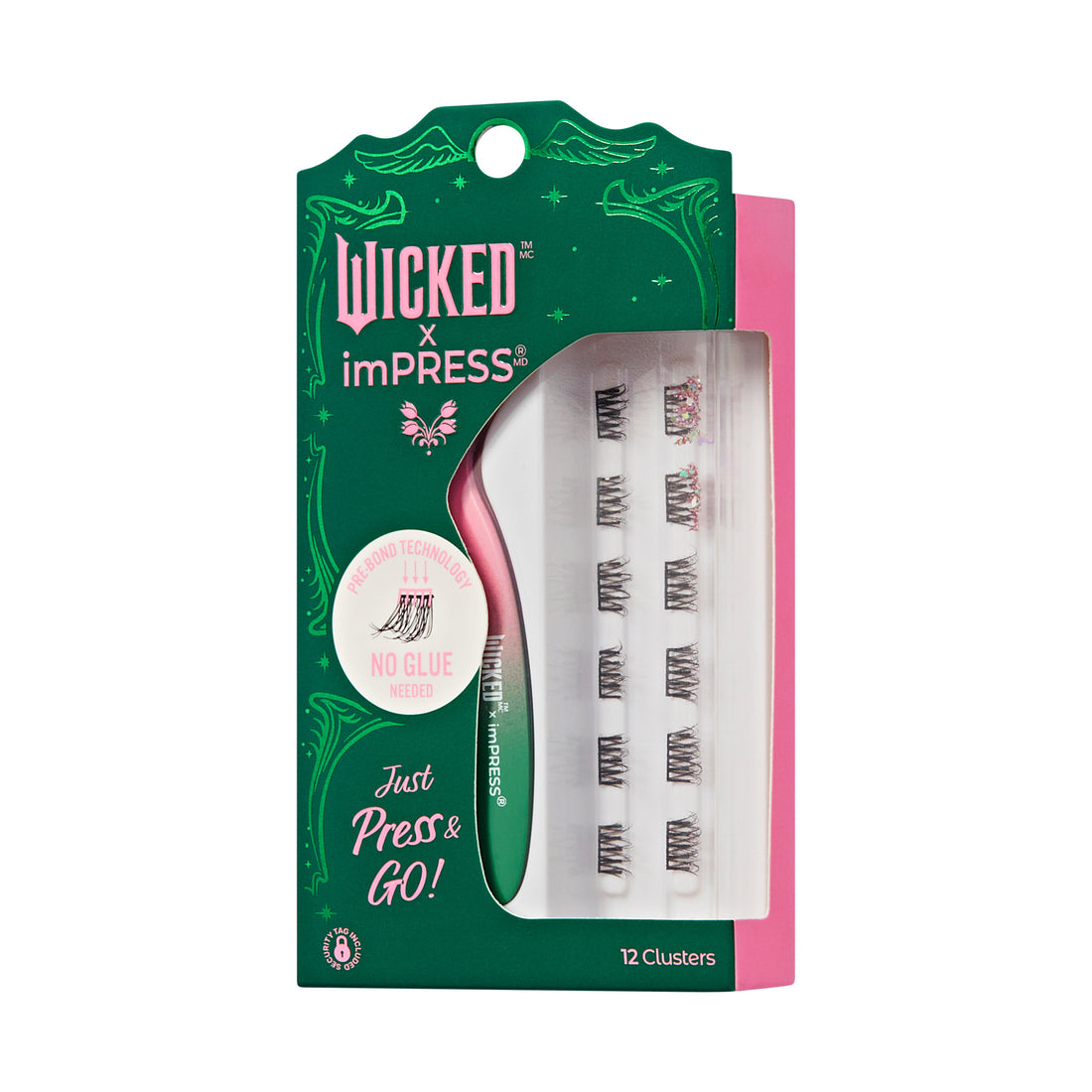 The image features a packaging for a beauty product called "Wicked x imPRESS." It showcases a set of 12 lash clusters designed for easy application without glue. The packaging is predominantly pink with green accents and includes a graphic of a butterfly. The text highlights the product&