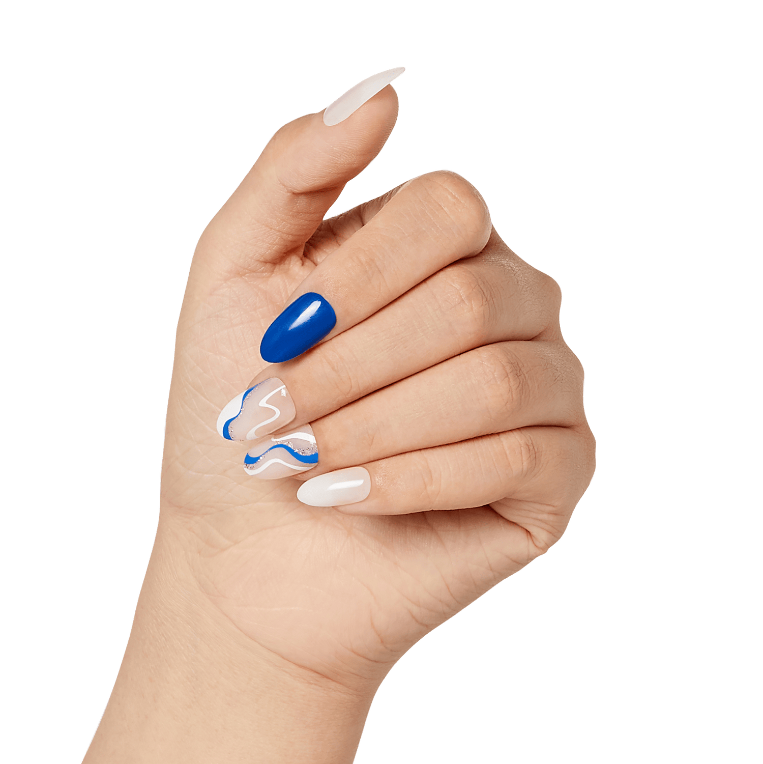The image shows a close-up of a hand with manicured nails. The nails are painted in a stylish design featuring a mix of solid colors and patterns. The thumb and pinky nails are painted white, the index finger nail is painted a solid blue, and the middle and ring finger nails have a clear base with blue and white wavy lines. The hand is positioned with the fingers slightly curled inward, showcasing the nail art. The background is plain white, emphasizing the details of the manicure.