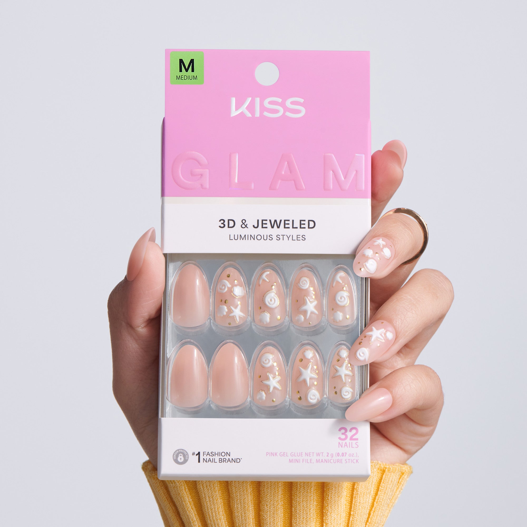 Kiss Glam Jeweled Press On Fake Glue Nails - Shell Me More | 3D