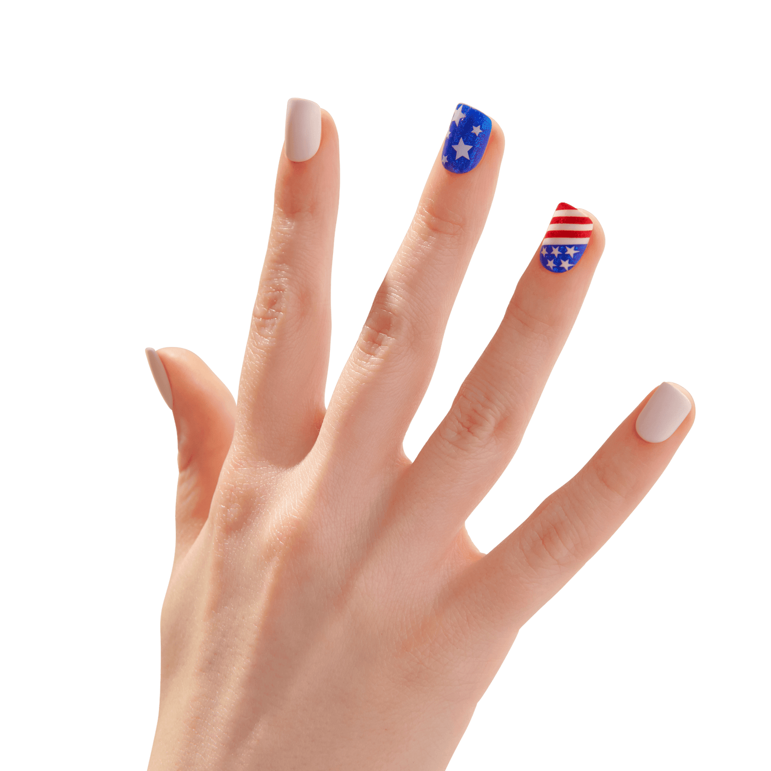 Hand with American flag nail art on a transparent background