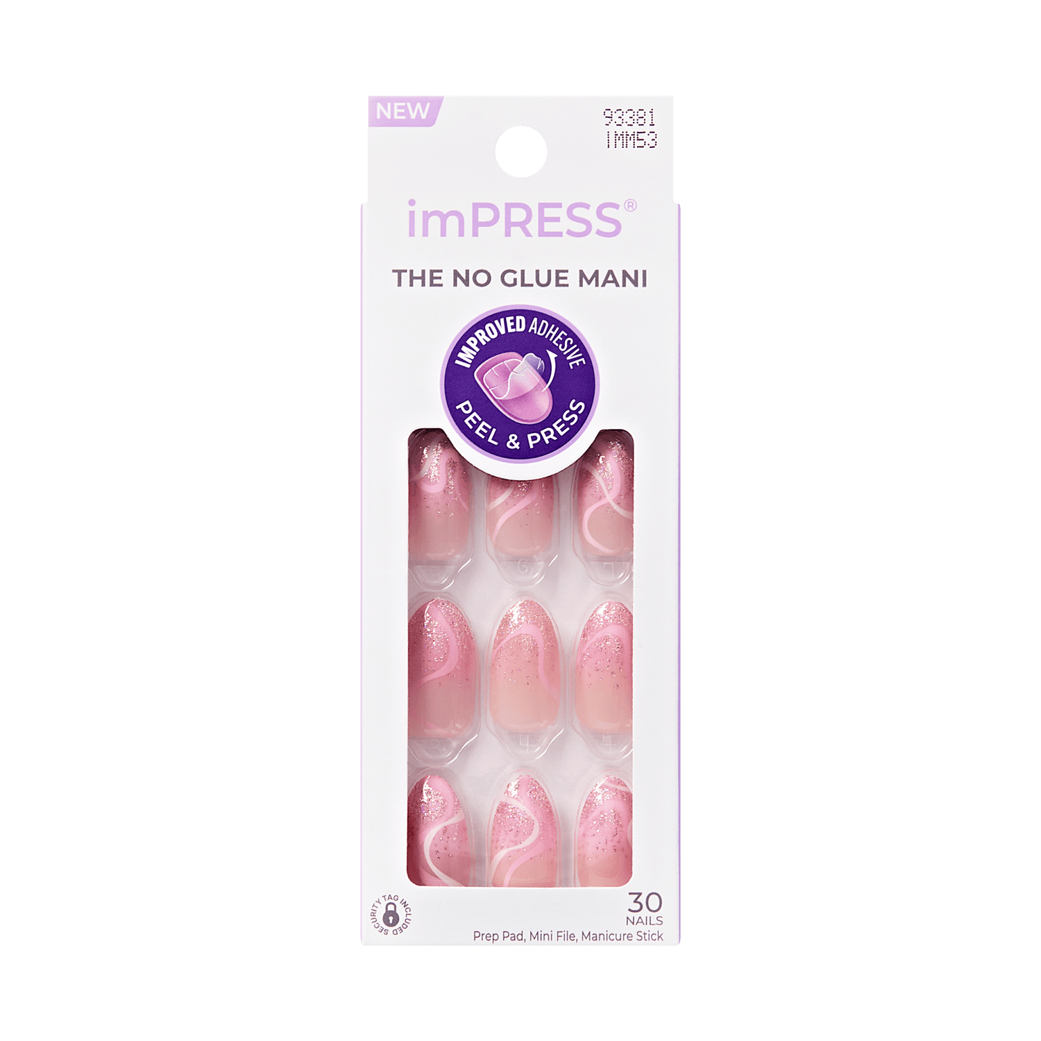 White rectangular packaging of imPRESS press-on nails with a clear window showing 12 pink nails with glitter and swirl designs. Text includes “THE NO GLUE MANI,” “IMPROVED ADHESIVE PEEL &amp; PRESS,” and “30 NAILS” plus mention of included prep pad, mini file, and manicure stick.