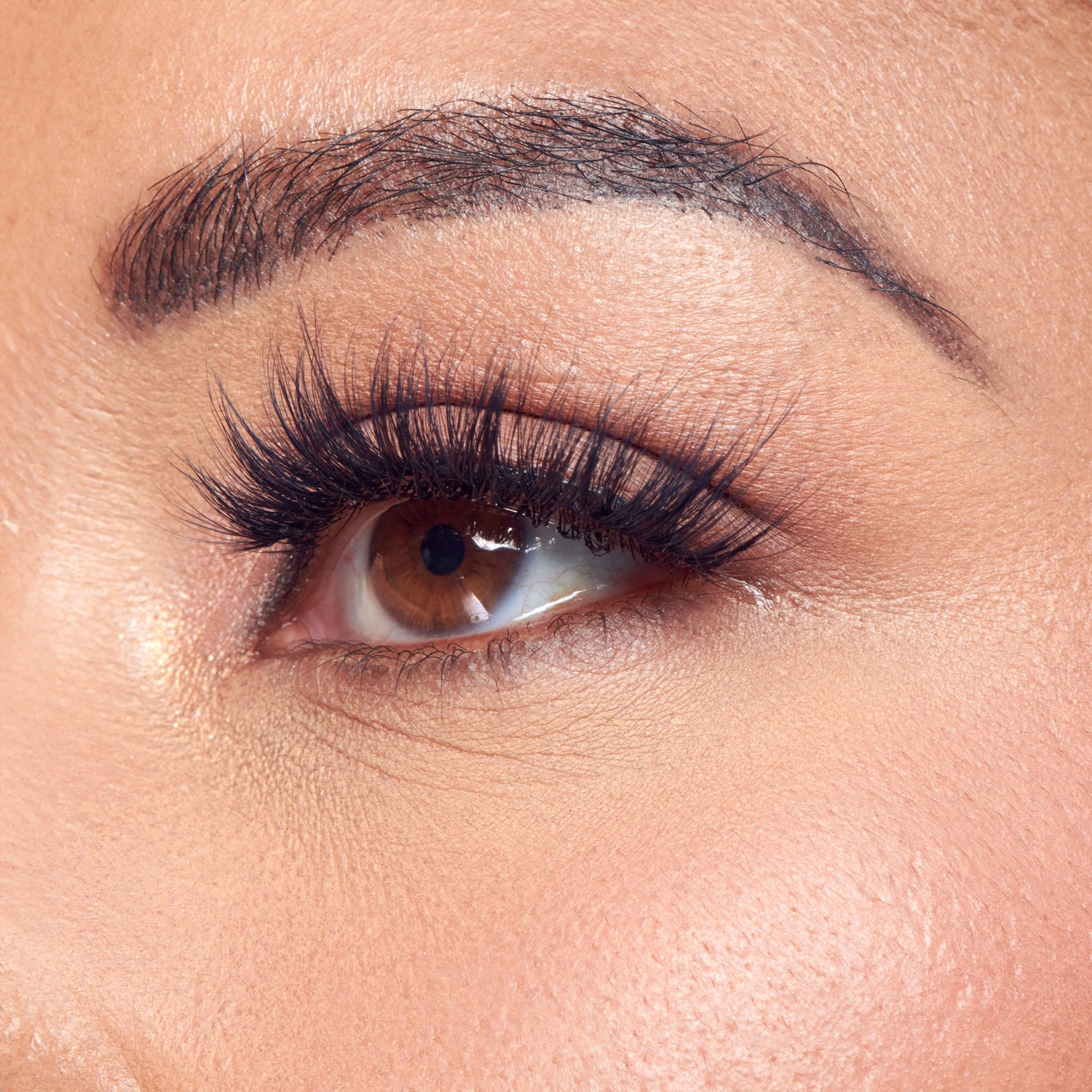 Close-up side view of a brown eye wearing dense, matte black false eyelashes with a natural curl, showcasing the KISS Lash Couture Matte Black Matte Twill style.