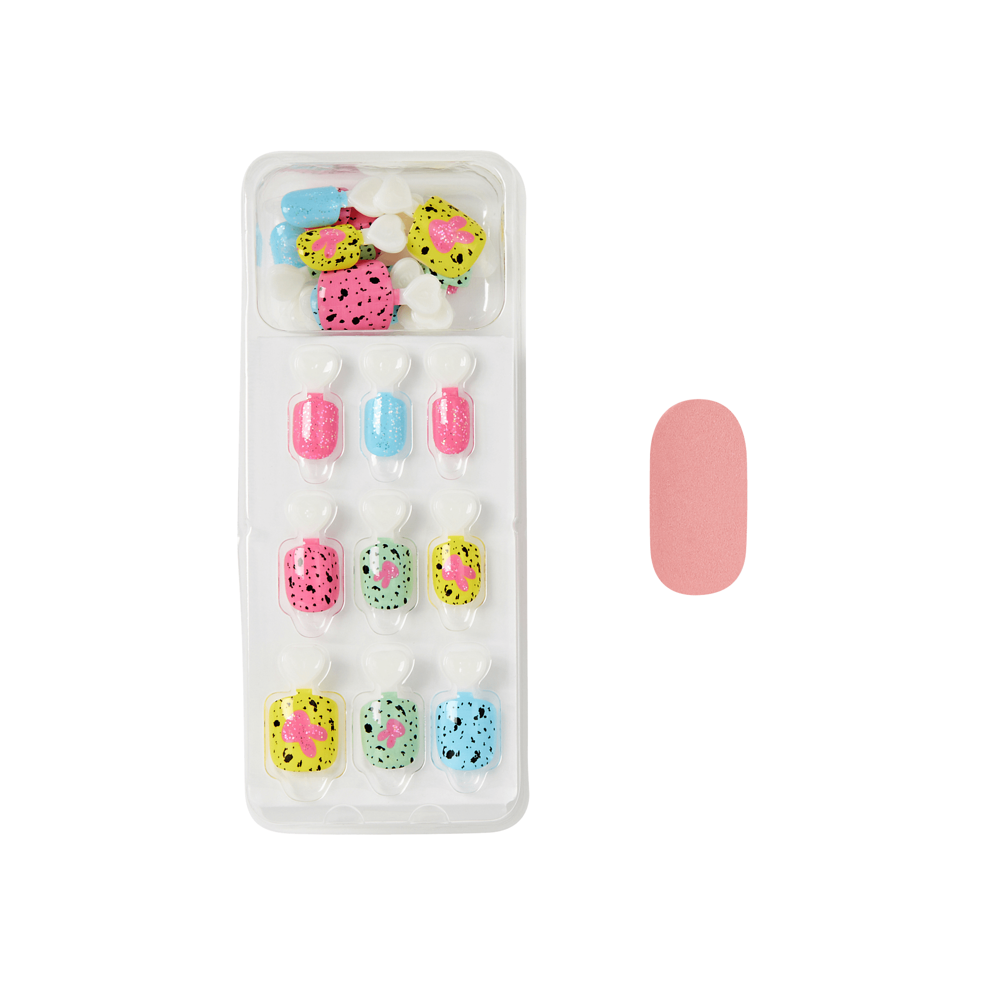 Press-on nail set with colorful glitter and speckled designs in pink, blue, and yellow.