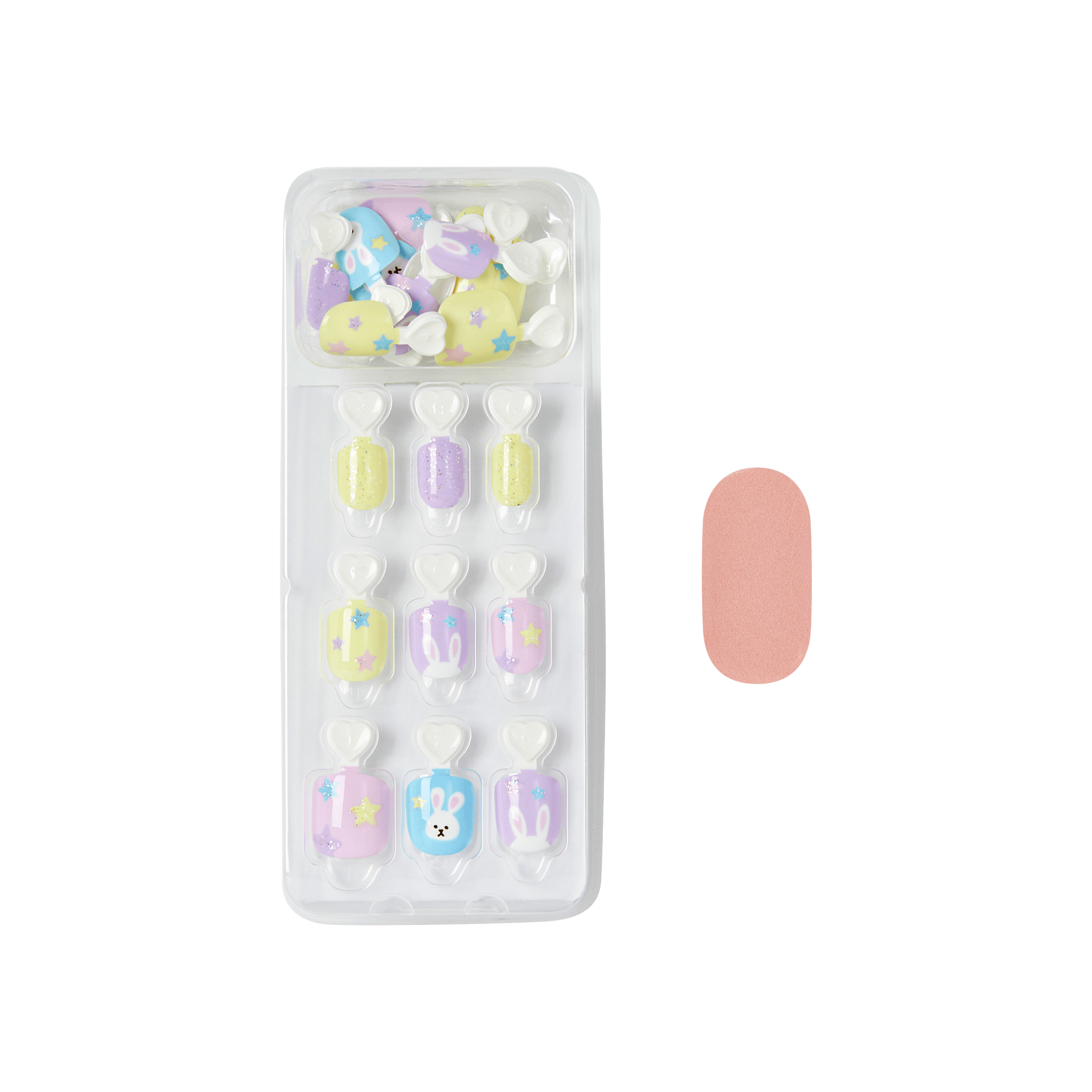 Pastel press-on nail set with yellow, purple, and blue designs plus nude sample nail.