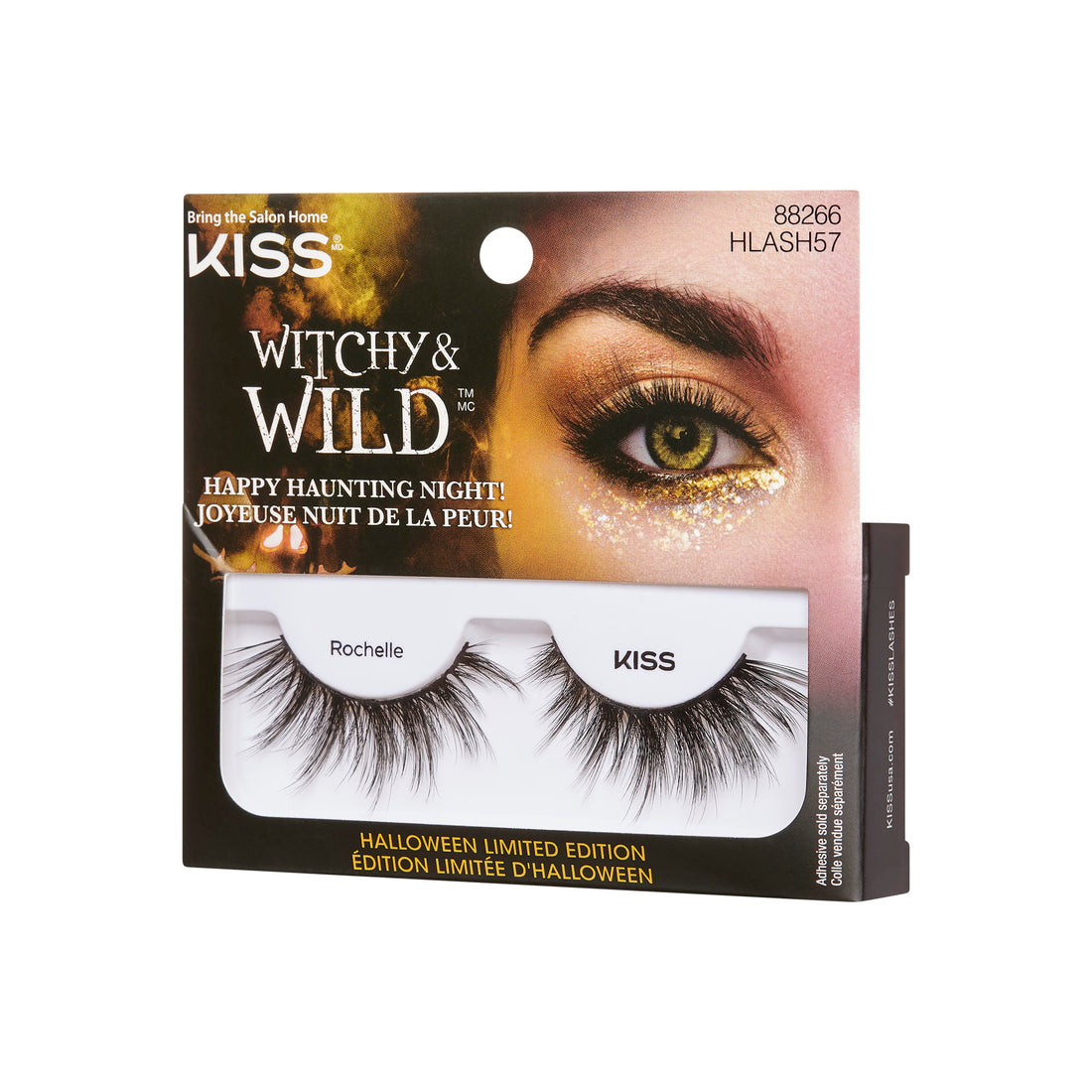 KISS Witchy &amp; Wild Halloween lashes "Rochelle" in packaging with glittery eye makeup display