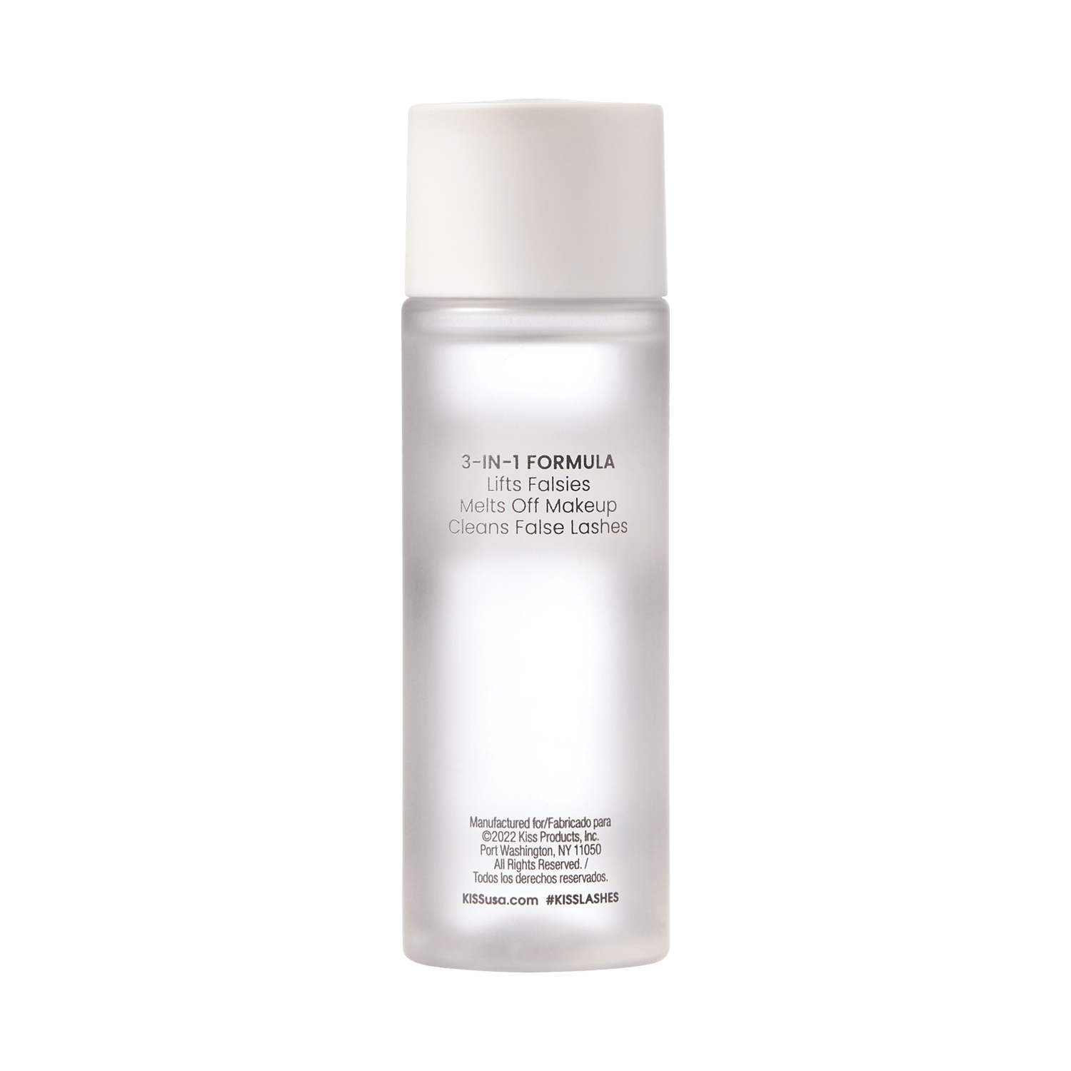 Tall frosted plastic bottle with white cap, labeled as a 3-in-1 formula that lifts falsies, melts off makeup, and cleans false lashes.