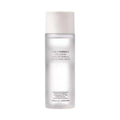 Tall frosted plastic bottle with white cap, labeled as a 3-in-1 formula that lifts falsies, melts off makeup, and cleans false lashes.