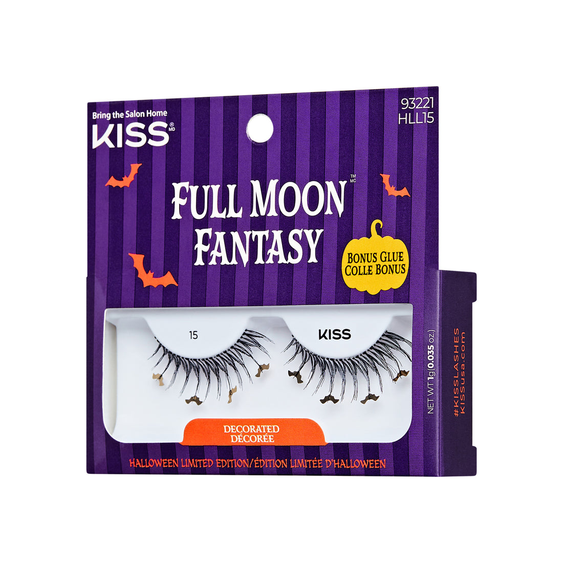 The image shows a package of false eyelashes from the brand "KISS." The product is named "Full Moon Fantasy" and is part of a Halloween limited edition. The packaging is predominantly purple with vertical stripes and features Halloween-themed graphics such as bats and pumpkins. The package includes a pair of decorated false eyelashes and mentions a bonus glue. The product code "93221 HLL15" is displayed on the top right corner of the package. The text on the package is in both English and French.