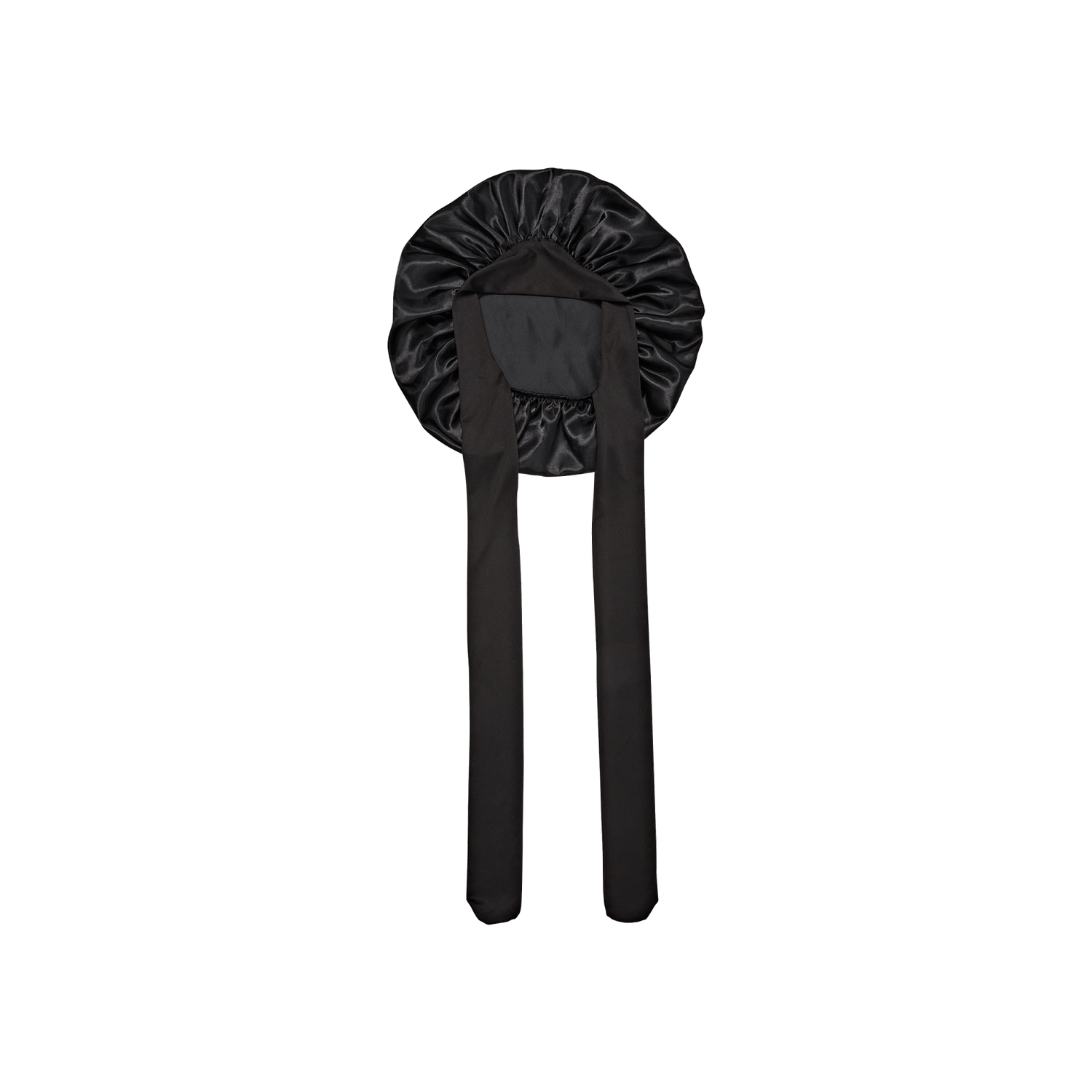 Black satin bonnet with long ties for hair protection and sleep.