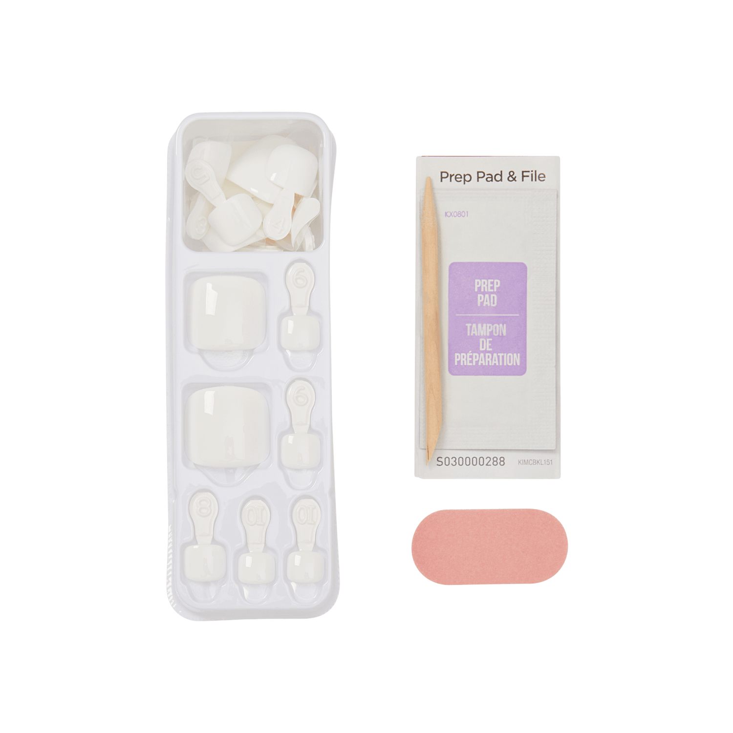 Packaging of impress nail kit, with a prep pad and a pink file on a transparent background.