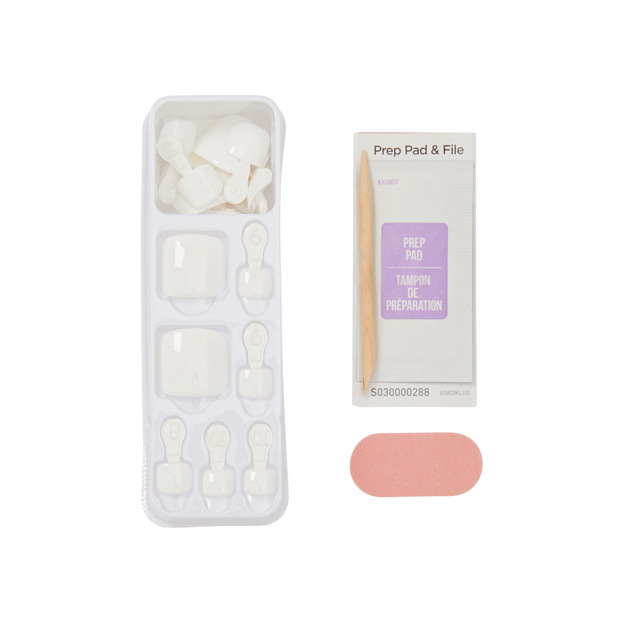 Packaging of impress nail kit, with a prep pad and a pink file on a transparent background.