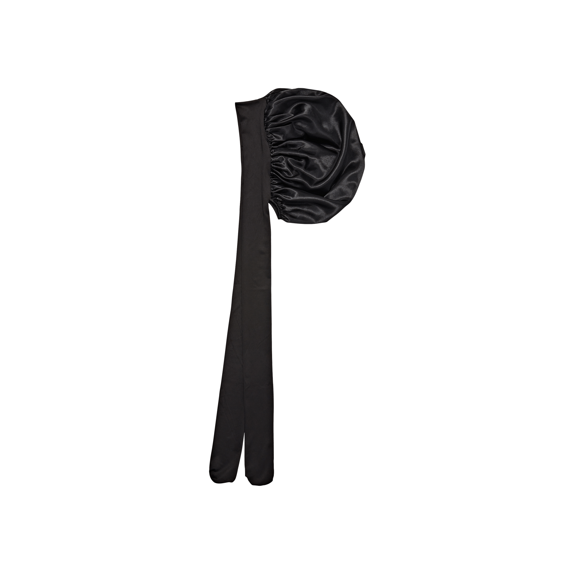 Black drawstring pouch with long ties on white background